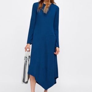 ZARA TEXTURED LONG ASYMMETRICAL BLUE DRESS Size M